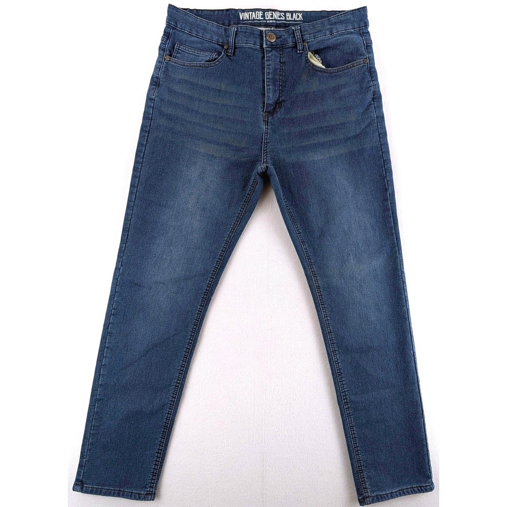 Vintage Genes Black Mens 34x30 Slim Tapered Stretch Jeans Blue Denim